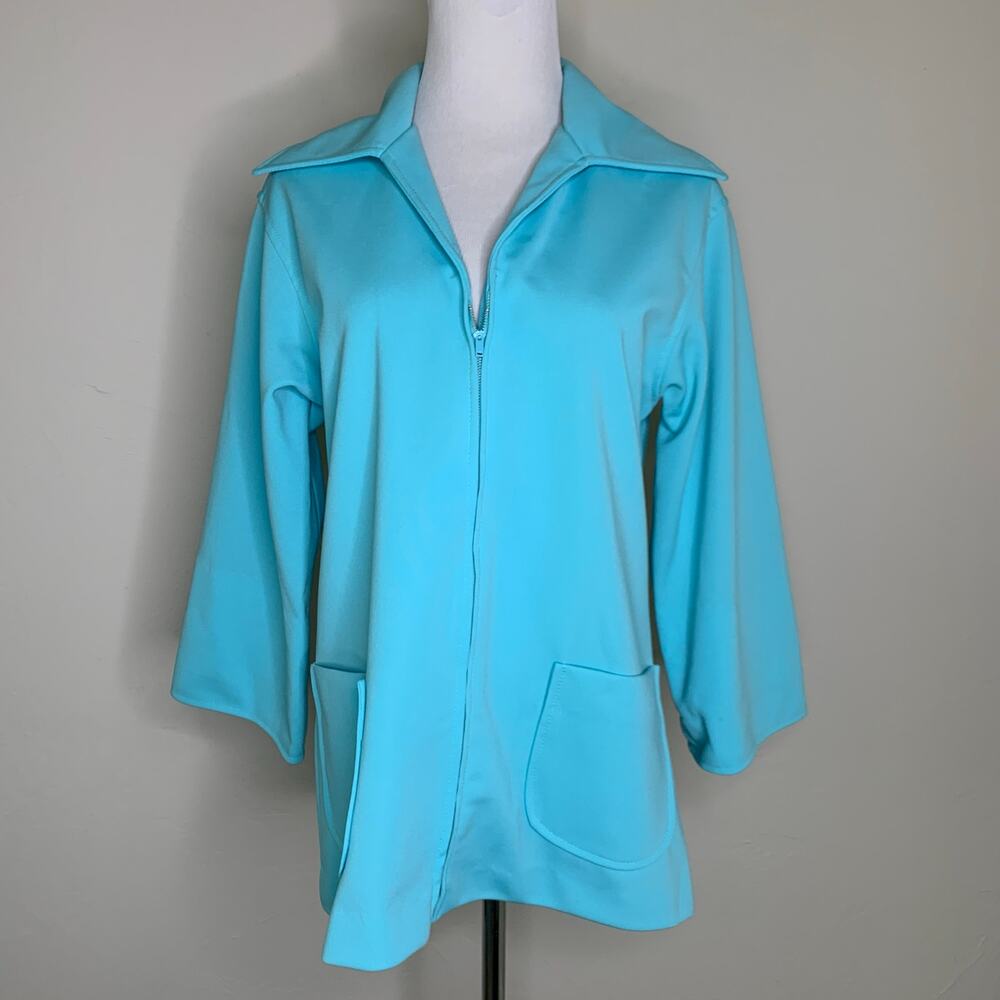 Koko Knits Vintage 70s Aqua Polyester Blazer Zip Closure Sz Medium
